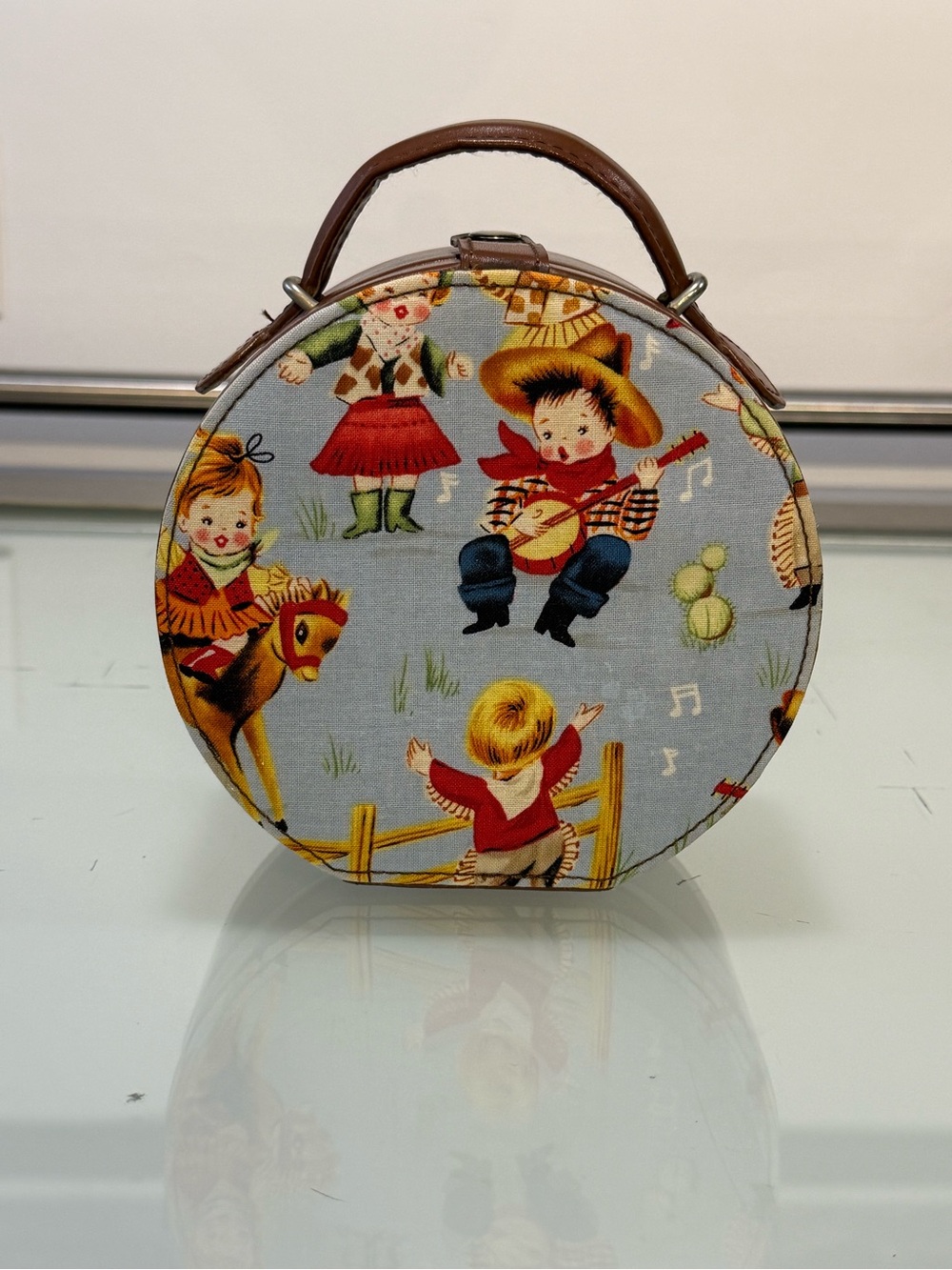 Vintage 1950s Western Cowboy Mini Round Train Case Vanity Bag